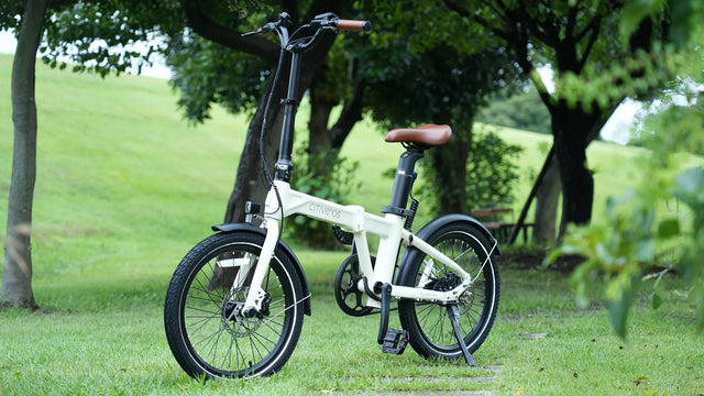 公園の芝生に停めたホワイトのCITIVELOS Flow Goの全体像。折りたたみ前の状態